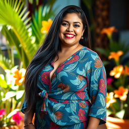 A full-body portrait of a mature Venezuelan woman with a curvy physique, standing confidently and smiling warmly