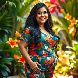 A full-body portrait of a mature Venezuelan woman with a curvy physique, standing confidently and smiling warmly