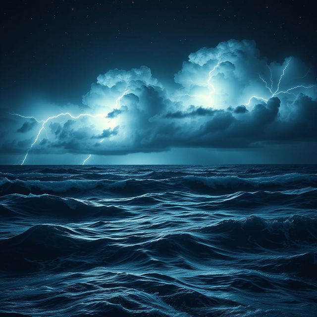 A breathtaking view of a stormy night sea illuminated by dazzling lightning