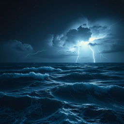 A breathtaking view of a stormy night sea illuminated by dazzling lightning