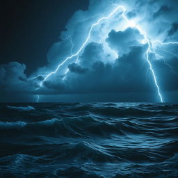 A breathtaking view of a stormy night sea illuminated by dazzling lightning