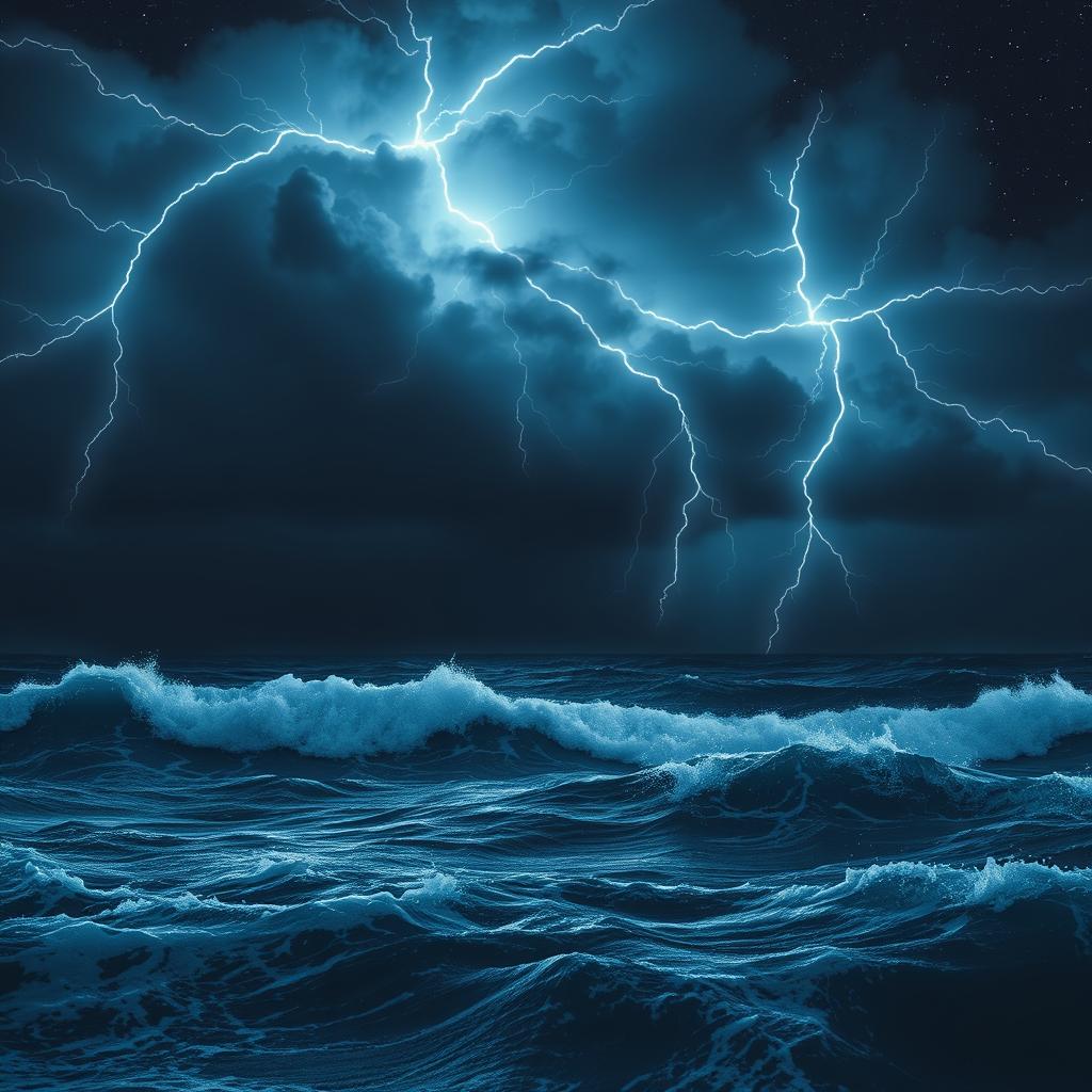 A breathtaking view of a stormy night sea illuminated by dazzling lightning