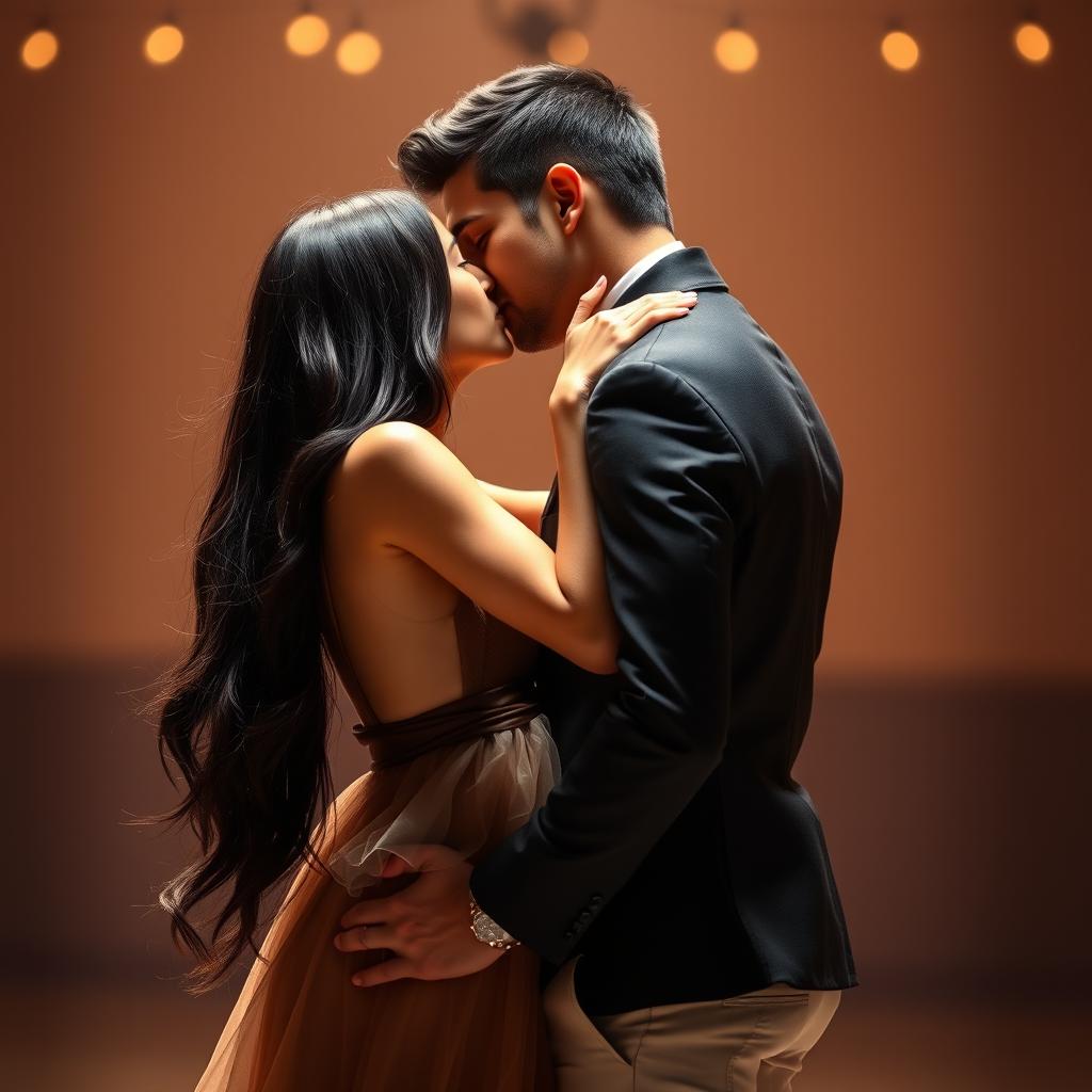 A beautiful girl with long, shiny black hair pulling back a tall, handsome guy into a passionate deep kiss