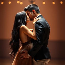 A beautiful girl with long, shiny black hair pulling back a tall, handsome guy into a passionate deep kiss