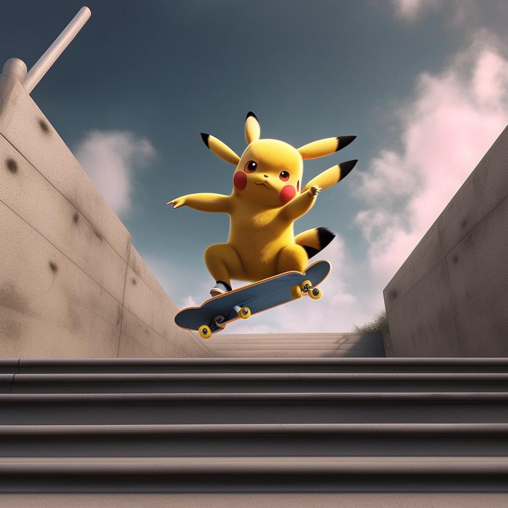 Pikachu performing a tre flip with a skateboard down an imposing stair set