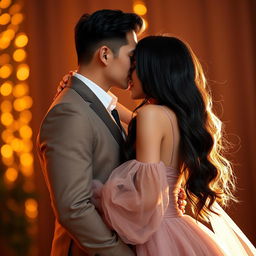 A beautiful girl with long, shiny black hair pulling back a tall, handsome guy into a passionate deep kiss