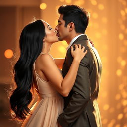 A beautiful girl with long, shiny black hair pulling back a tall, handsome guy into a passionate deep kiss