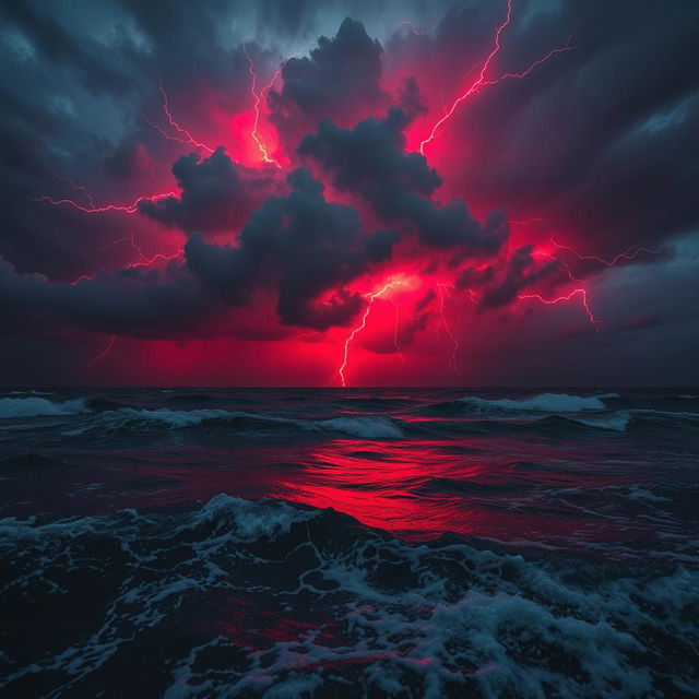 A mesmerizing view of a stormy night sea illuminated by striking red lightning