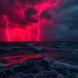 A mesmerizing view of a stormy night sea illuminated by striking red lightning