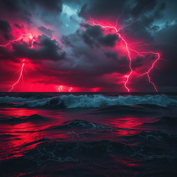 A mesmerizing view of a stormy night sea illuminated by striking red lightning