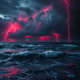 A mesmerizing view of a stormy night sea illuminated by striking red lightning