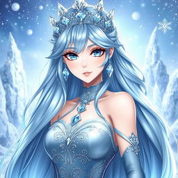 A stunning Ice Queen character in a fantasy anime style
