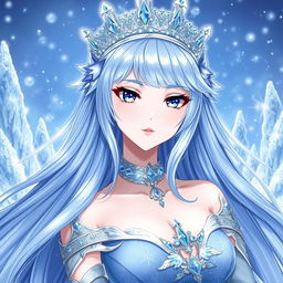 A stunning Ice Queen character in a fantasy anime style