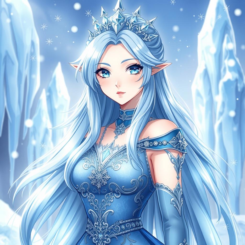 A stunning Ice Queen character in a fantasy anime style