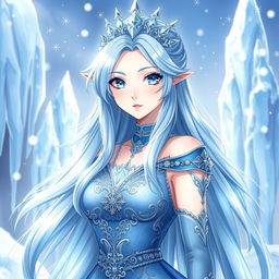 A stunning Ice Queen character in a fantasy anime style