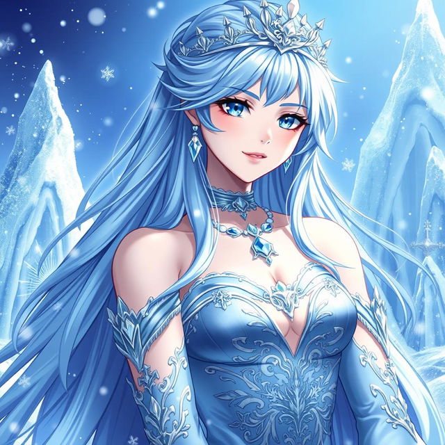 A stunning Ice Queen character in a fantasy anime style