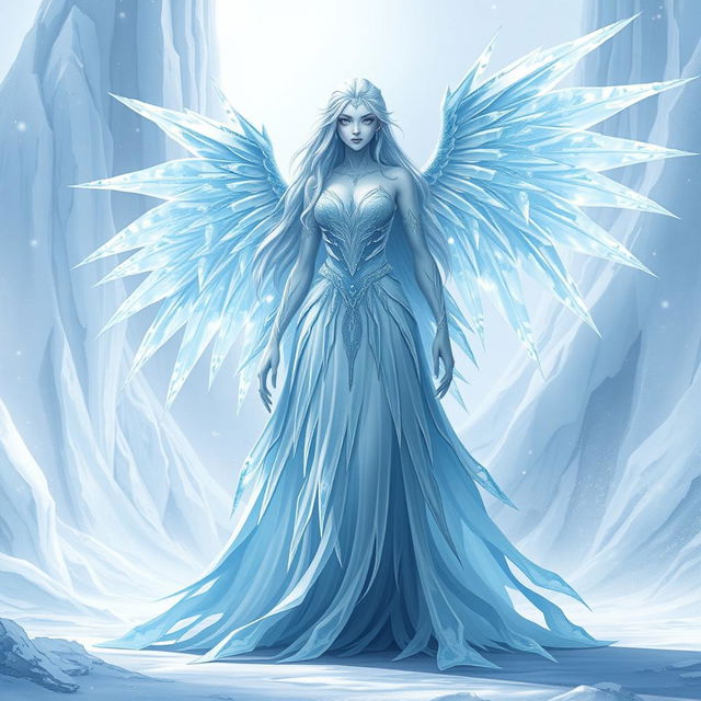 An imposing female ice creature in a fantasy anime style