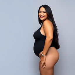 A full-body portrait of a mature Venezuelan woman with a curvy physique, standing confidently against a simple gray background
