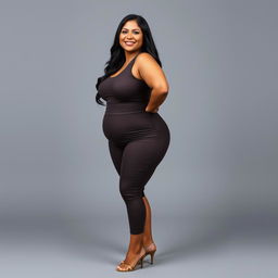 A full-body portrait of a mature Venezuelan woman with a curvy physique, standing confidently against a simple gray background