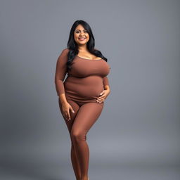A full-body portrait of a mature Venezuelan woman with a curvy physique, standing confidently against a simple gray background