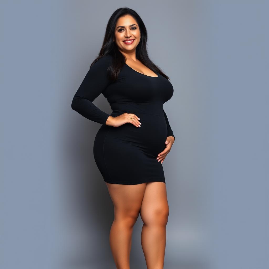 A full-body portrait of a mature Venezuelan woman with a curvy physique, standing confidently against a simple gray background