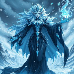 A formidable female ice creature villain in a captivating anime style