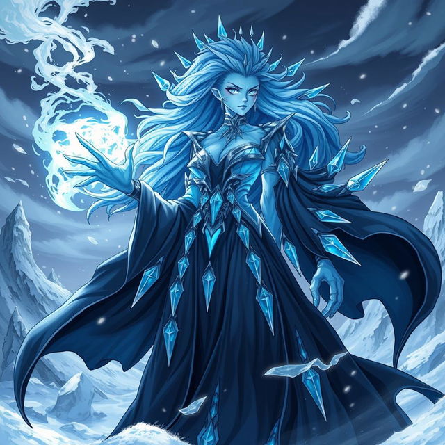 A formidable female ice creature villain in a captivating anime style