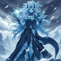 A formidable female ice creature villain in a captivating anime style