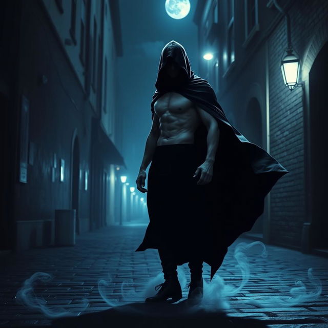 A mystical scene in a nighttime urban setting featuring a striking figure, half-man and half-shadow, standing against a backdrop of a dimly lit alley