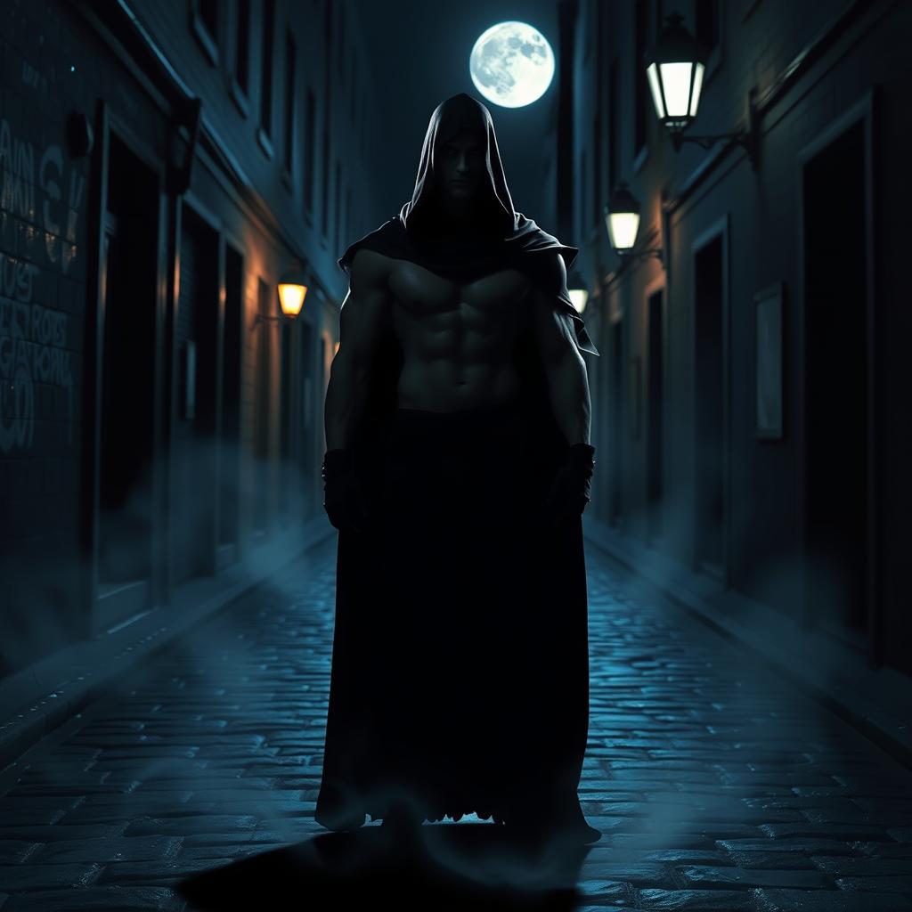 A mystical scene in a nighttime urban setting featuring a striking figure, half-man and half-shadow, standing against a backdrop of a dimly lit alley