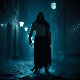 A mystical scene in a nighttime urban setting featuring a striking figure, half-man and half-shadow, standing against a backdrop of a dimly lit alley