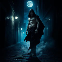 A mystical scene in a nighttime urban setting featuring a striking figure, half-man and half-shadow, standing against a backdrop of a dimly lit alley