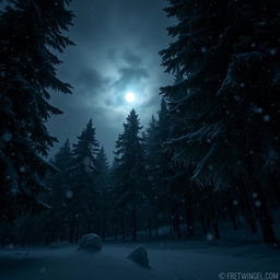 A serene winter forest scene at night, illuminated by the soft glow of the moon filtering through the dense branches of tall pine trees
