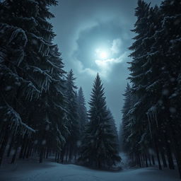 A serene winter forest scene at night, illuminated by the soft glow of the moon filtering through the dense branches of tall pine trees