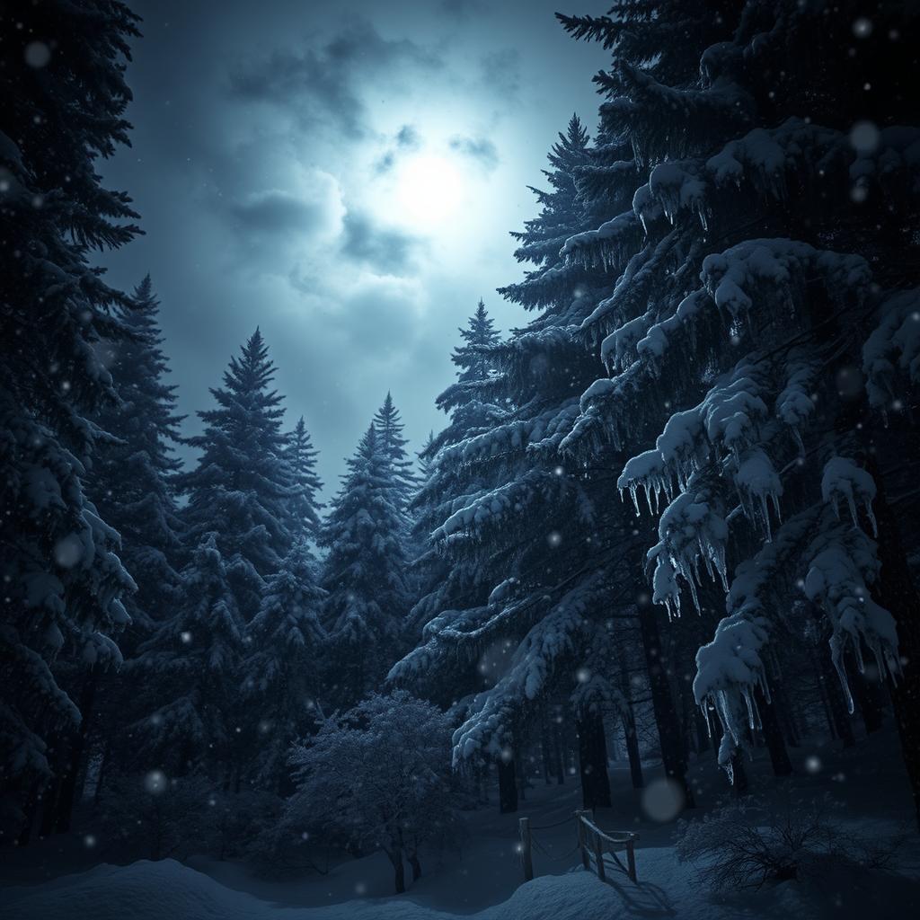 A serene winter forest scene at night, illuminated by the soft glow of the moon filtering through the dense branches of tall pine trees