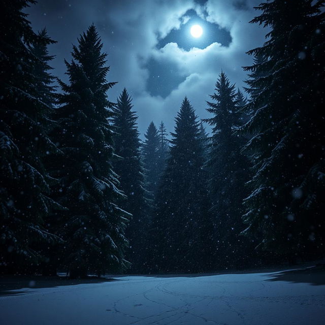 A captivating night scene of a snowstorm in a dense forest, where snowflakes cascade down from the darkened sky, blanketing the ground and covering the branches of towering evergreen trees