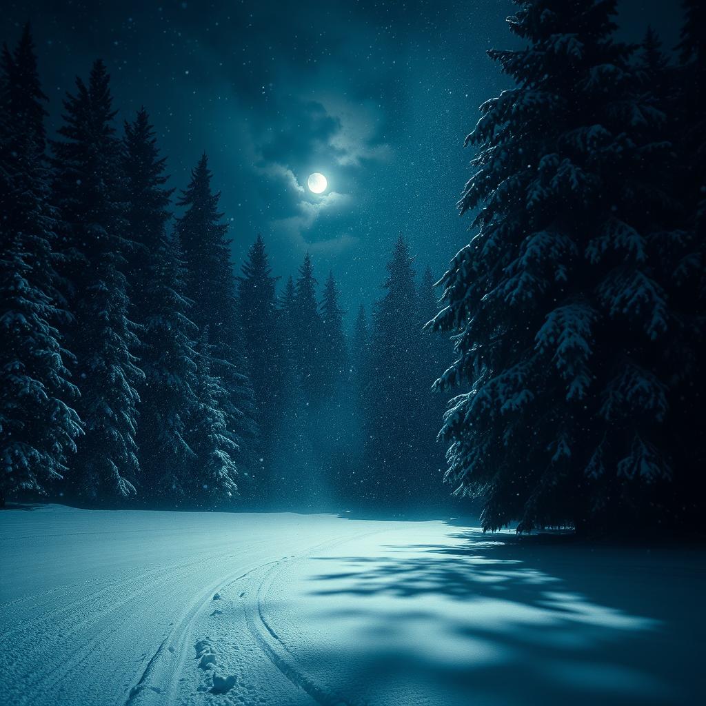 A captivating night scene of a snowstorm in a dense forest, where snowflakes cascade down from the darkened sky, blanketing the ground and covering the branches of towering evergreen trees