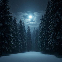 A captivating night scene of a snowstorm in a dense forest, where snowflakes cascade down from the darkened sky, blanketing the ground and covering the branches of towering evergreen trees