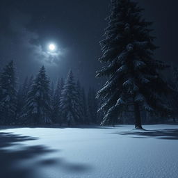 A captivating night scene of a snowstorm in a dense forest, where snowflakes cascade down from the darkened sky, blanketing the ground and covering the branches of towering evergreen trees