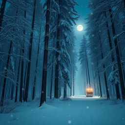 A magical night scene of gentle snowfall in a tranquil forest, showcasing a serene and enchanting atmosphere