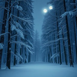 A magical night scene of gentle snowfall in a tranquil forest, showcasing a serene and enchanting atmosphere