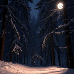 A magical night scene of gentle snowfall in a tranquil forest, showcasing a serene and enchanting atmosphere
