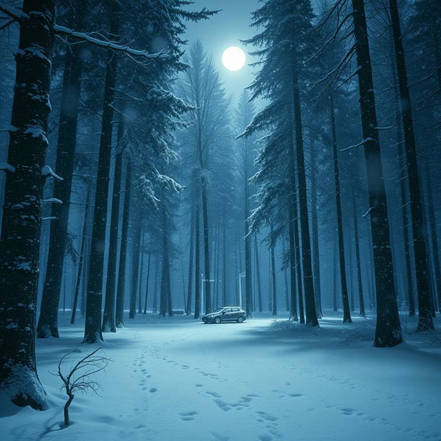 A magical night scene of gentle snowfall in a tranquil forest, showcasing a serene and enchanting atmosphere