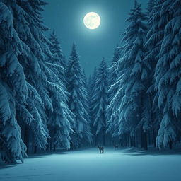 A serene nighttime forest scene blanketed in heavy snowfall