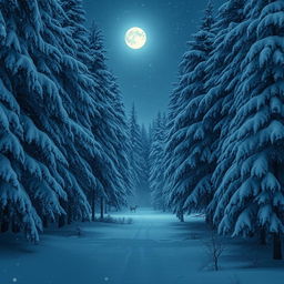 A serene nighttime forest scene blanketed in heavy snowfall