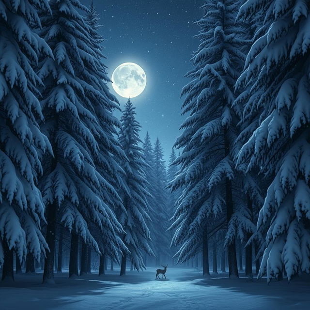 A serene nighttime forest scene blanketed in heavy snowfall