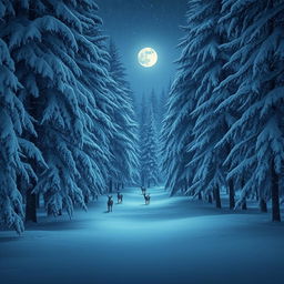 A serene nighttime forest scene blanketed in heavy snowfall