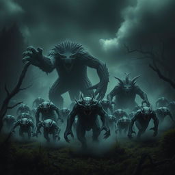 A dramatic scene depicting an army of monstrous creatures emerging from a dark, ominous forest