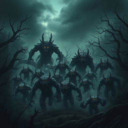 A dramatic scene depicting an army of monstrous creatures emerging from a dark, ominous forest