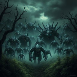 A dramatic scene depicting an army of monstrous creatures emerging from a dark, ominous forest
